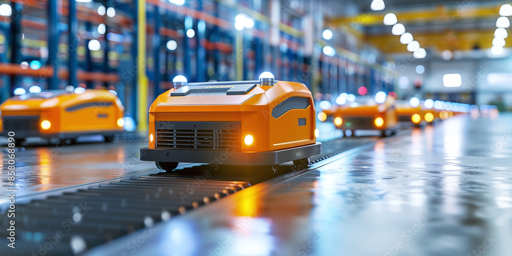 Close-up of automated guided vehicles (AGVs) moving through a factory. Close-up of automated guided vehicles (AGVs) moving through a factory.