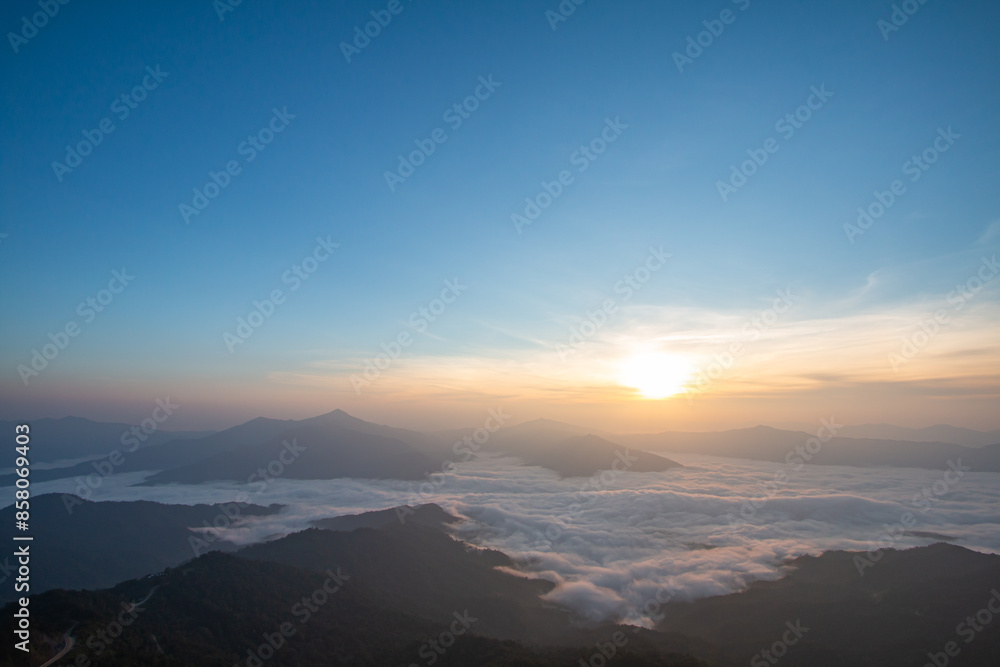 On the top of the mountain in the morning with beautiful mist. On the top of the mountain in the morning with beautiful mist.