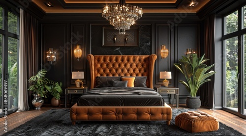 A large bedroom with a black wall and orange accents. The room is decorated with a lot of gold and orange, giving it a luxurious and elegant feel. The bed is the focal point of the room