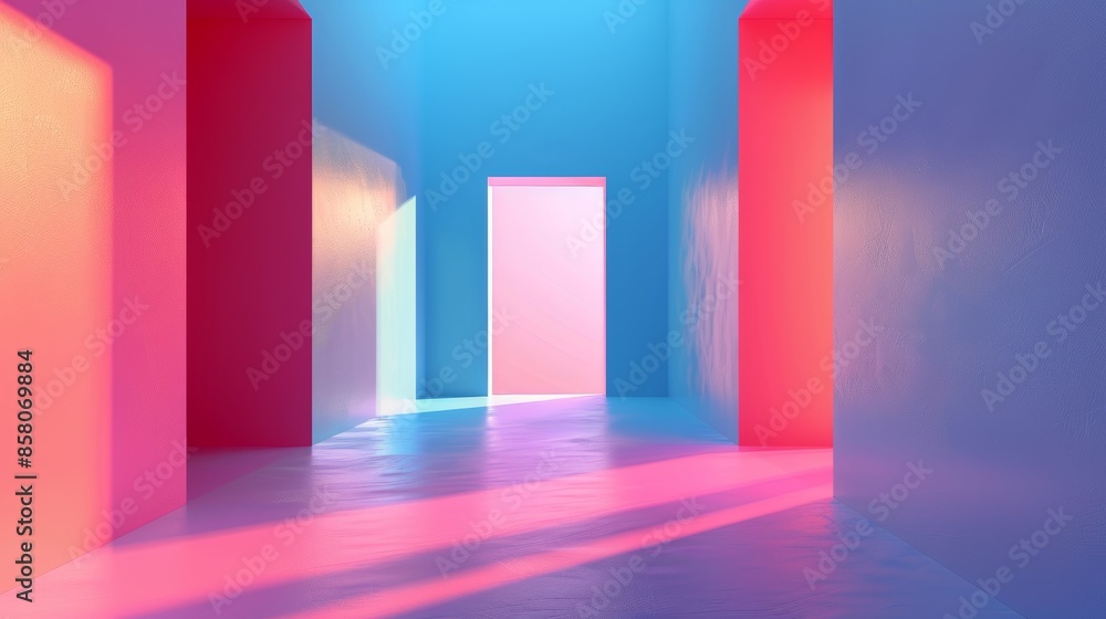 A hallway with pink, blue, and purple walls A hallway with pink, blue, and purple walls