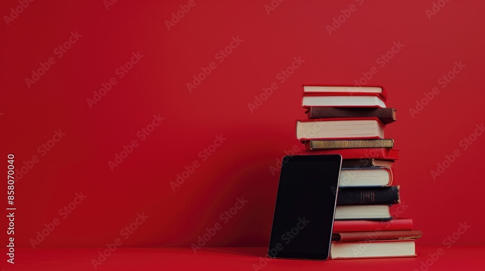 Fototapeta premium Book Stack and E Reader with Copy Space