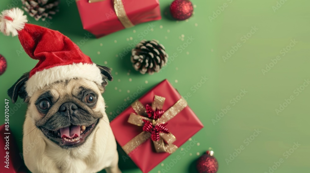 Festive Pug in Santa Hat with Christmas Gifts and Decorations Festive Pug in Santa Hat with Christmas Gifts and Decorations