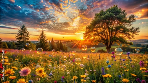 Warm sunset landscape featuring vibrant wildflowers, gentle breeze rustling trees, and floating soap bubbles drifting upwards, evoking carefree joy and youthful wonder. photo