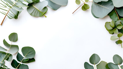 Frame made of eucalyptus leaves on green background. Vertical banner mockup for social media stories.