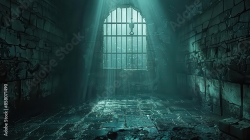Damp medieval dungeon, prisoner restricted by iron bars, suffering in silence photo