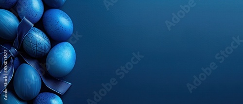 Blue Easter eggs arranged with a ribbon on a matching blue background, creating a monochromatic and elegant composition.