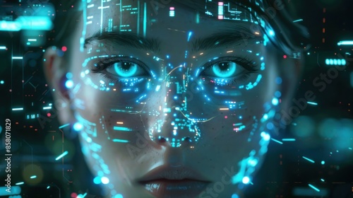 Wallpaper Mural A woman face is shown in a blue and green digital graphic Torontodigital.ca