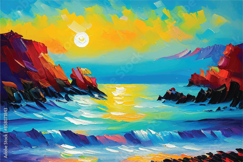 Sea oil painting. The beauty of the sea. Seascape. sea waves oil painting. Sunset over sea. Sea waves oil painting. Sea view. 