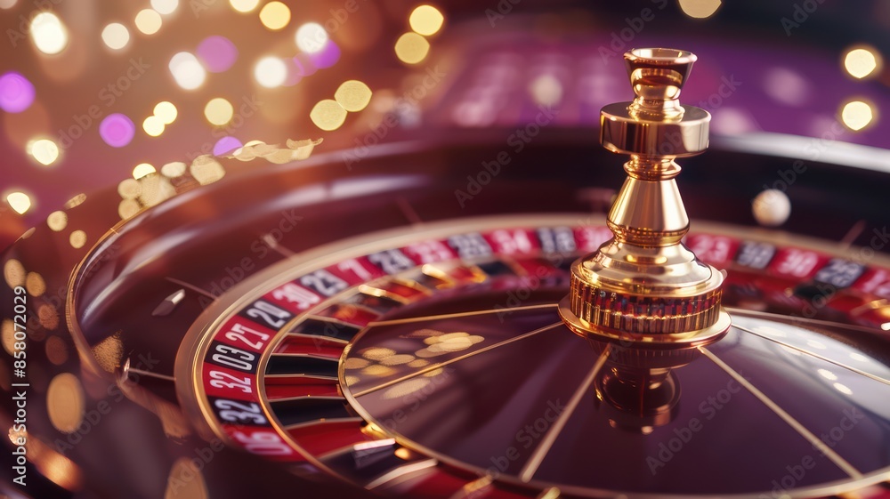 Luxurious Casino Roulette Wheel with Golden Details and Bokeh Lights in the Background