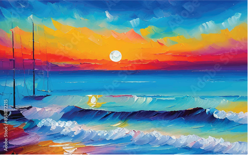 Sea oil painting. The beauty of the sea. Seascape. sea waves oil painting. Sunset over sea. Sea waves oil painting. Sea view. 