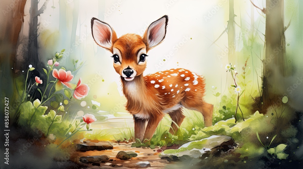 A cute baby deer in the forest A cute baby deer in the forest