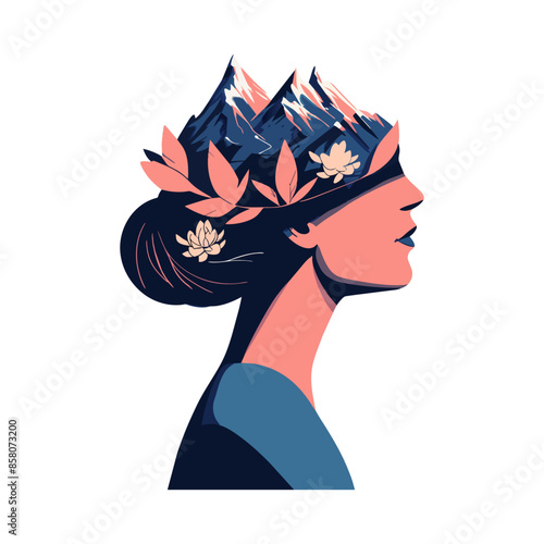Self knowledge and development, profile head of woman with mountain inside. Inner strength and resilience, mountain represents overcoming obstacles, reaching new heights of self-awareness. Vector