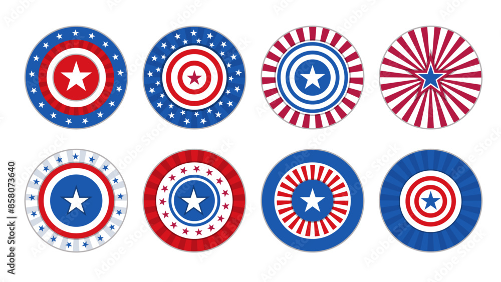 Set of eight round flags of the United States of America in different designs on a white background Set of eight round flags of the United States of America in different designs on a white background