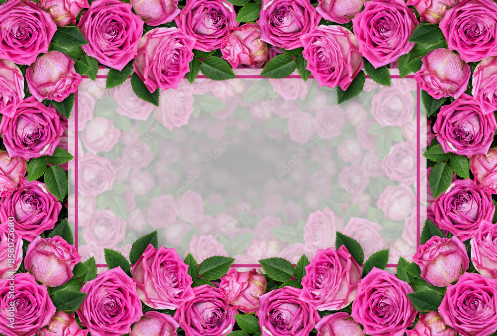 Pink rose flowers and a transparent card with copy space for holiday Pink rose flowers and a transparent card with copy space for holiday