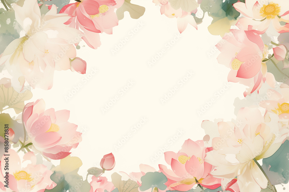 watercolor frame with lotus flowers and leaves on a white background watercolor frame with lotus flowers and leaves on a white background
