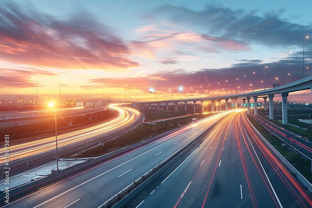 A highway with an overpass in the background, long exposure photography showing blurred motion with pastel colors. The architecture features a highway bridge. Generative AI. A highway with an overpass in the background, long exposure photography showing blurred motion with pastel colors. The architecture features a highway bridge. Generative AI.