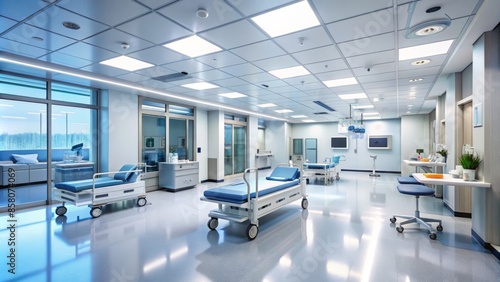 A modern hospital interior with empty corridors, consultation rooms, and medical equipment, conveying a sense of innovation and professional healthcare services.