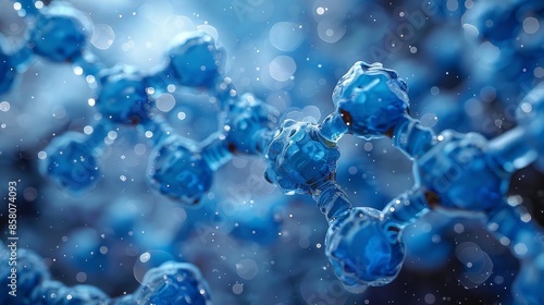 A cinematic representation of blue molecules forming a network, emphasizing the structure and interactions in chemical bonds, in a visually appealing manner.