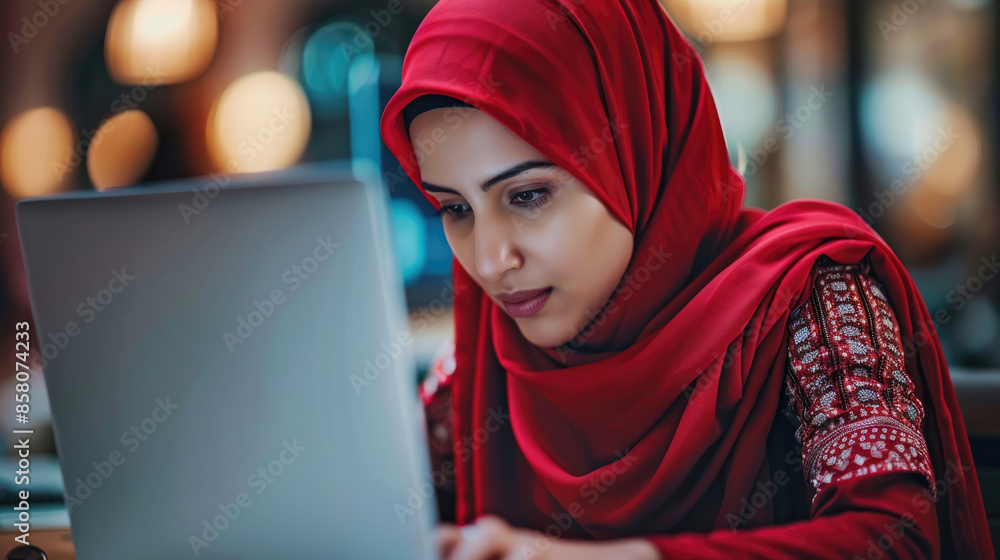 Young Muslim businesswoman working on a computer in a modern office. Young Muslim businesswoman working on a computer in a modern office.