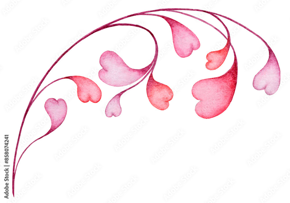 Blooming Branch with Heart-shaped leaves illustration isolated on white background. Hand painted Watercolor Hearts growing on on curved twig. Valentine's day design Blooming Branch with Heart-shaped leaves illustration isolated on white background. Hand painted Watercolor Hearts growing on on curved twig. Valentine's day design