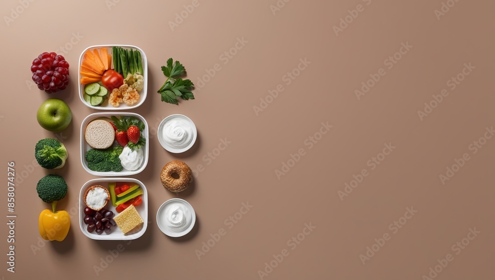 A flat lay of various healthy foods arranged neatly on a brown surface. The foods include fruits, vegetables, nuts, seeds, yogurt, and small meals in bowls. Top view. Copy space. A flat lay of various healthy foods arranged neatly on a brown surface. The foods include fruits, vegetables, nuts, seeds, yogurt, and small meals in bowls. Top view. Copy space.