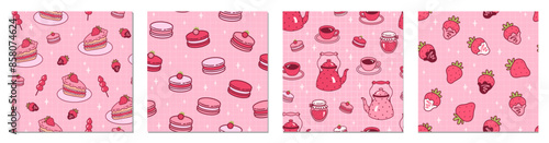 Seamless patterns with cute pink desserts. Hand drawn vector backgrounds. Tea time. Kettles, cups and desserts on pink background.