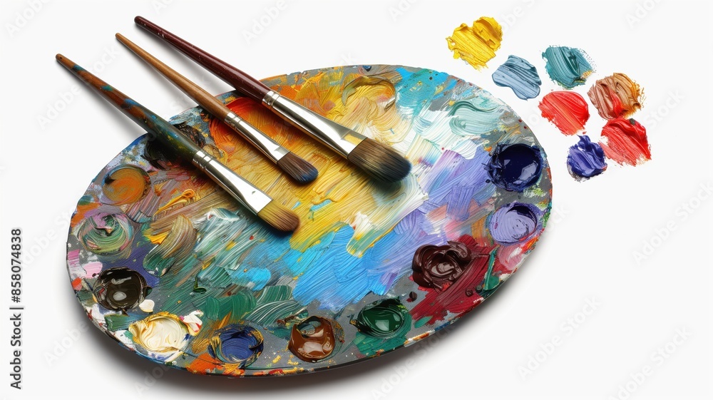 Close-up of a Palette with Vibrant Paints and Brushes Close-up of a Palette with Vibrant Paints and Brushes