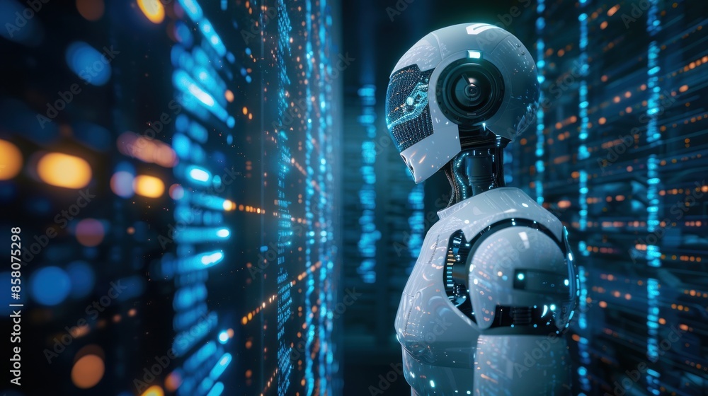 A futuristic robot is looking at a computer screen with a lot of lines and dots A futuristic robot is looking at a computer screen with a lot of lines and dots