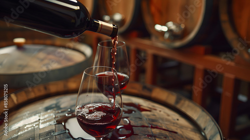 wine pours into glasses, wooden barrel.