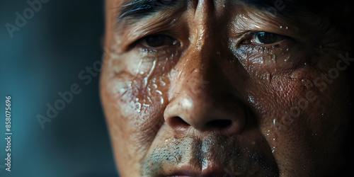 A close-up of a man’s tear-streaked face, looking lost.