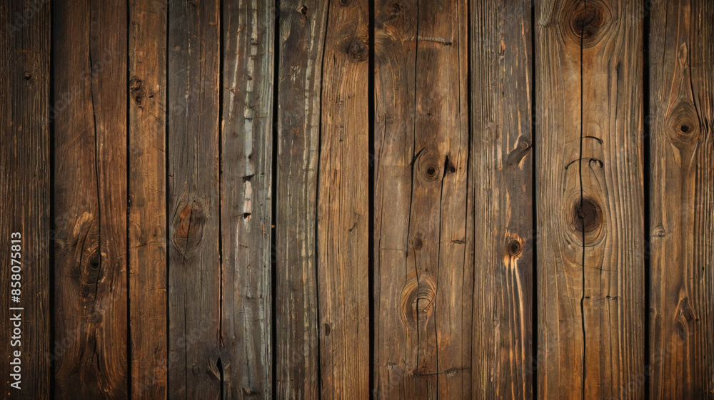 Naklejka premium Fond de planche de bois marron foncé, papier peint. Vieux fond en bois texturé foncé grunge, la surface de la vieille texture de bois brun, vue de dessus lambris en bois de pin brun.