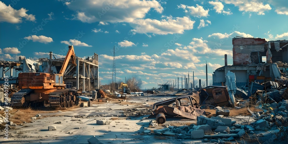 Dystopian Scene Decayed Structures and War Remnants in a Postapocalyptic World. Concept Postapocalyptic Setting, Decayed Structures, War Remnants, Dystopian Scene Dystopian Scene Decayed Structures and War Remnants in a Postapocalyptic World. Concept Postapocalyptic Setting, Decayed Structures, War Remnants, Dystopian Scene