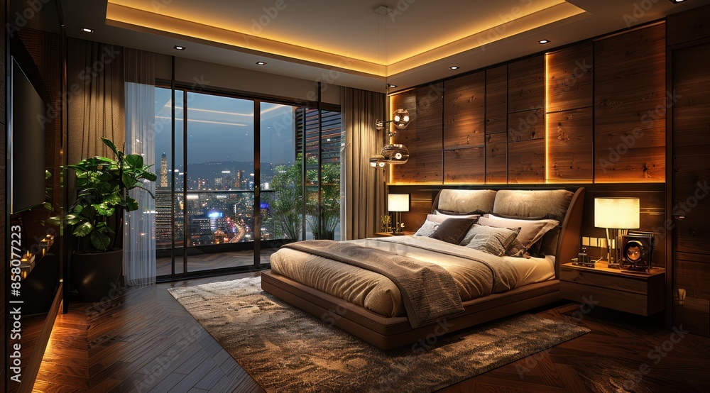 A spacious and modern bedroom with large windows overlooking a city skyline at night. The room features a king-size bed, wooden floors, and soft lighting A spacious and modern bedroom with large windows overlooking a city skyline at night. The room features a king-size bed, wooden floors, and soft lighting