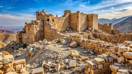 Ancient crumbling medieval castle fort walls in ruins, debris scattered around, depicting destruction of jericho, biblical catastrophe unfolding with decaying grandeur. photo