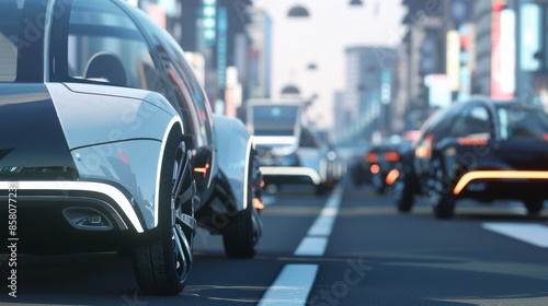 futuristic self-driving car fleet navigating city streets with precision and safety, revolutionizing urban transportation with autonomous vehicles and reducing traffic congestion and accidents