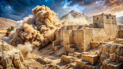 Ancient stone fortifications of jericho crumbling, massive stones tumbling down, walls shattered, dust rising, depicting the devastating biblical catastrophe of jericho's downfall. photo