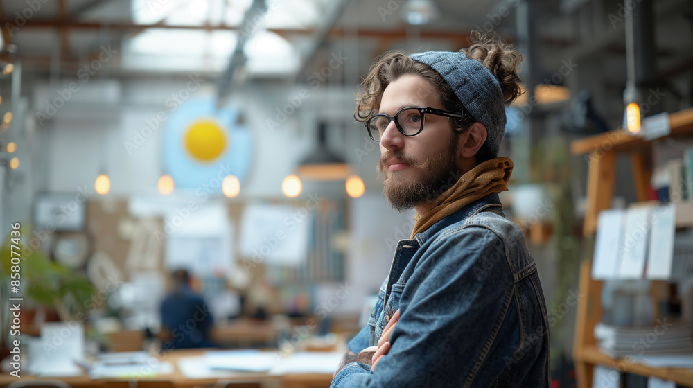 Fototapeta premium A man in a denim jacket and a bandana stands with his arms crossed, lost in thought. He is in a bright, open loft space with large windows and a sun-drenched wall