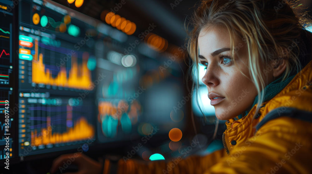 A woman with blonde hair gazes intently at a computer screen displaying data charts, her focus unwavering in a dimly lit room A woman with blonde hair gazes intently at a computer screen displaying data charts, her focus unwavering in a dimly lit room