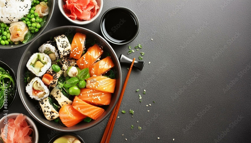Composition of various Asian dishes in bowl top view Composition of various Asian dishes in bowl top view