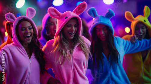 Cheerful young women are dancing and laughing at a nightclub party photo