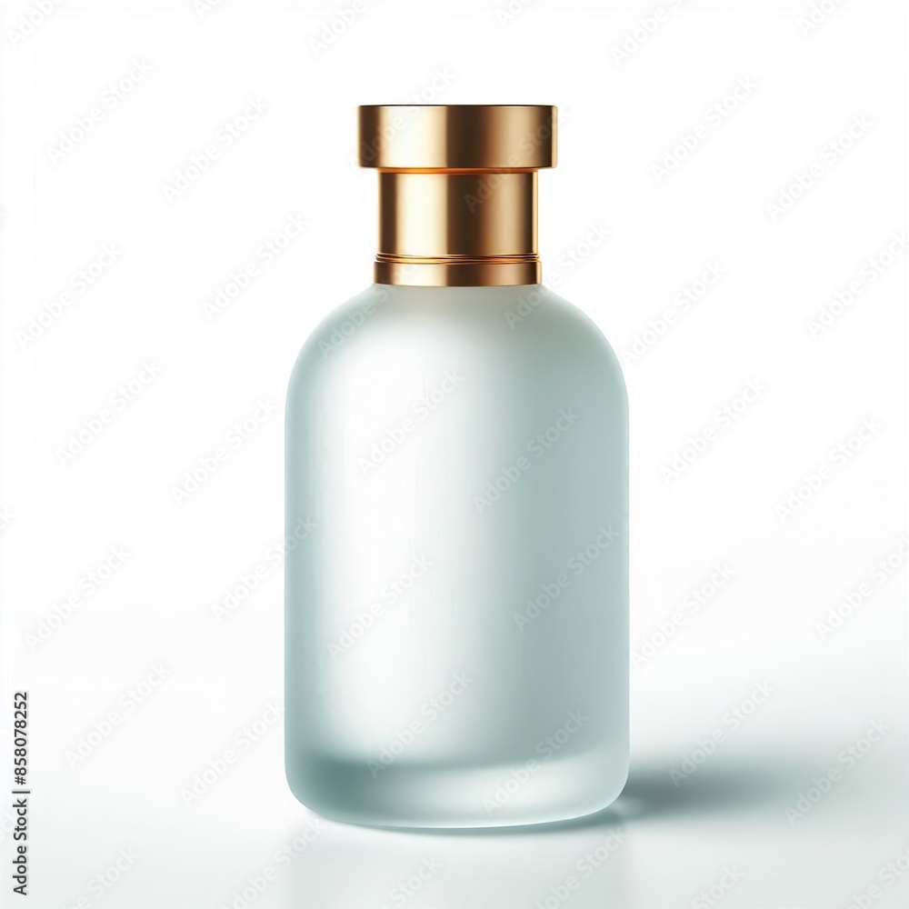 White frosted glass bottle with long gold cap front on White frosted glass bottle with long gold cap front on