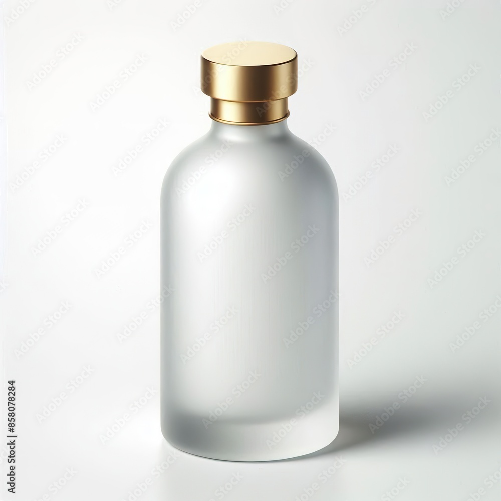 White frosted glass bottle with long gold cap front on White frosted glass bottle with long gold cap front on
