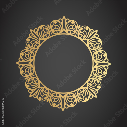Filigree monogram frame. Elegant round frame template with lace floral elements in gold color.