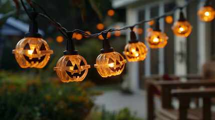 String of glowing jack o' lantern lights hanging outdoors for halloween celebration