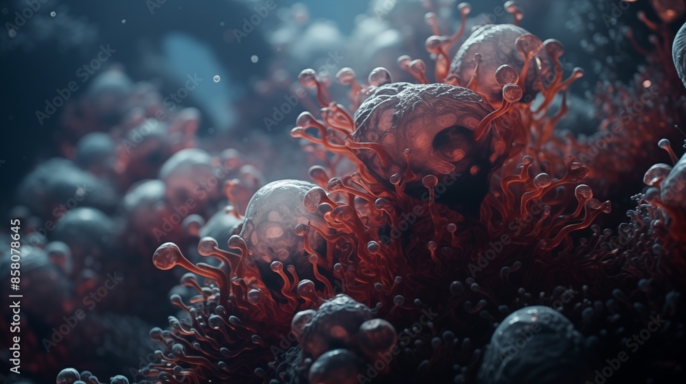 Abstract Macroscopic View of Alien-Like Biological Growths with Red and Gray Hues. Abstract Macroscopic View of Alien-Like Biological Growths with Red and Gray Hues.
