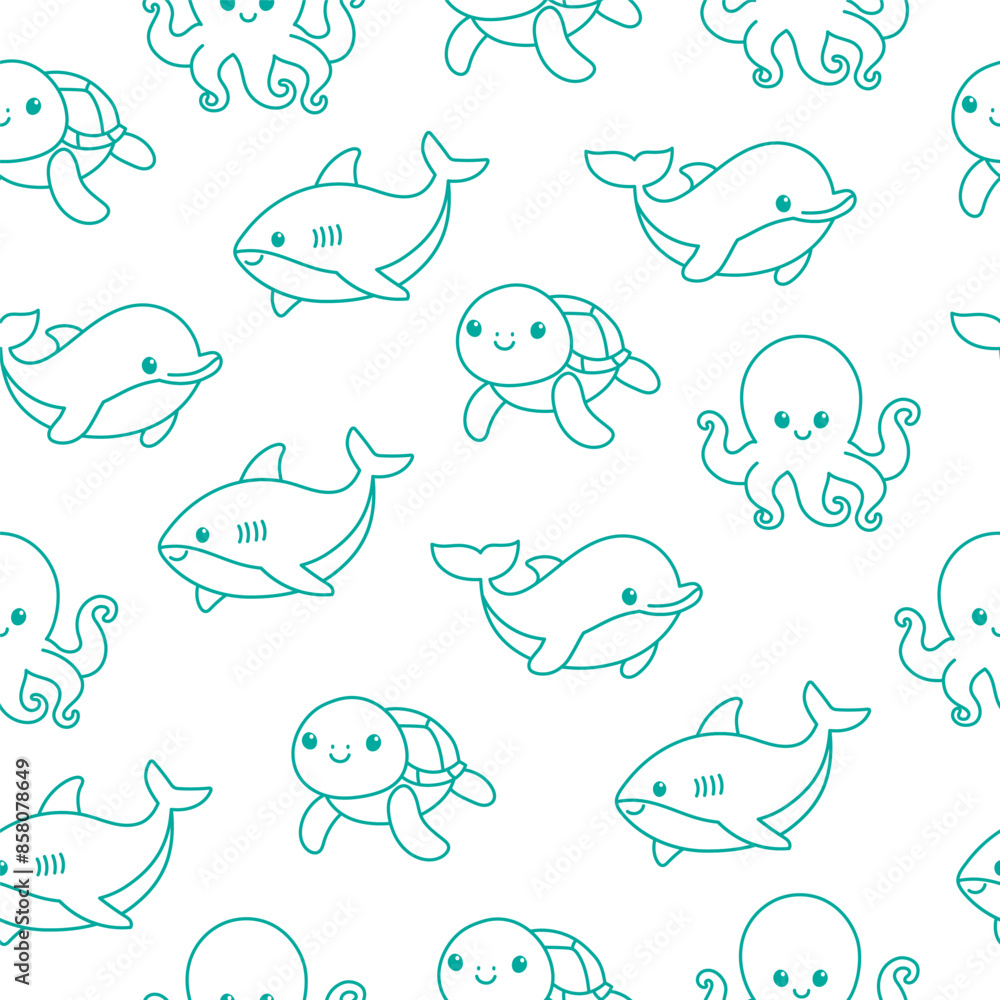 Fototapeta premium Seamless pattern of line art sea animals on white background. Marine life animals. Template for baby shower, print, fabric, greeting cards and invitation. 