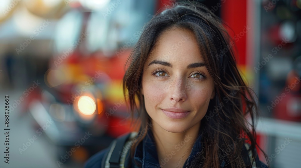 A smiling female firefighter posed in front of a fire truck, portraying a blend of professionalism and approachability, symbolizing hope and community service. A smiling female firefighter posed in front of a fire truck, portraying a blend of professionalism and approachability, symbolizing hope and community service.
