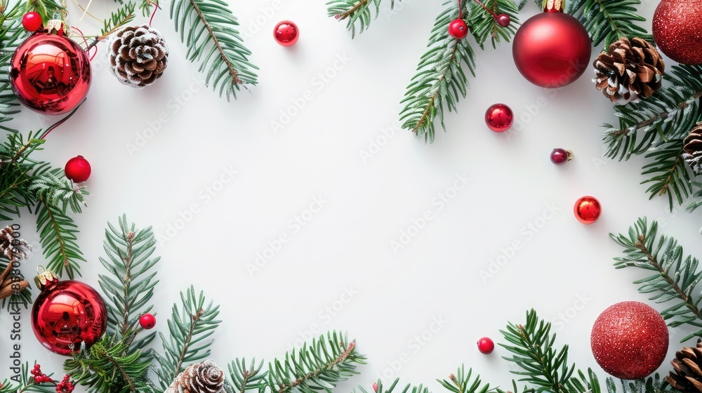 Beautiful Christmas flat lay with red baubles, pine cones, and green fir branches artistically arranged on a white backdrop with copy space, evoking the festive atmosphere of the holiday.