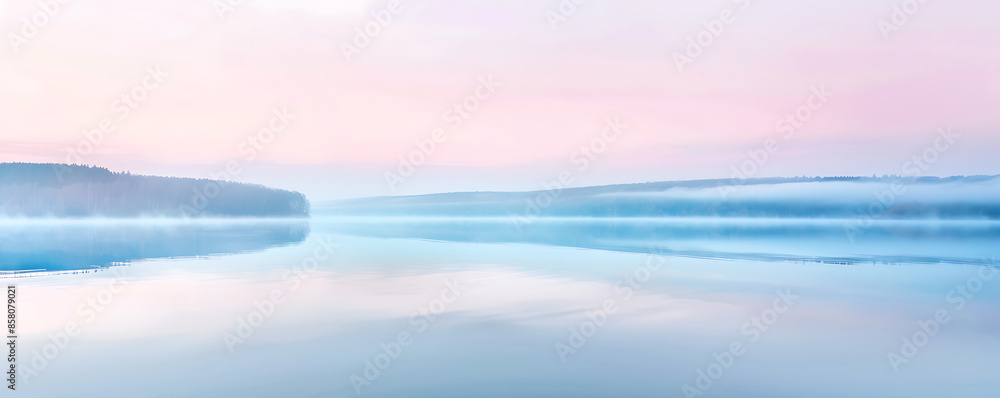 Naklejka premium Majestic lake tranquil sunrise refelction with soft pastel colors.