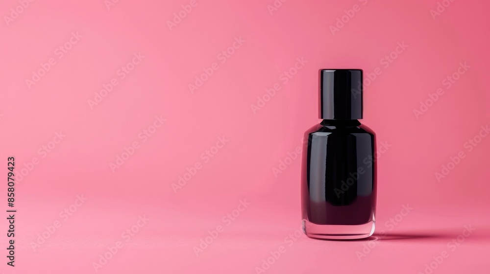 Black nail polish bottle against pink backdrop with empty space Black nail polish bottle against pink backdrop with empty space